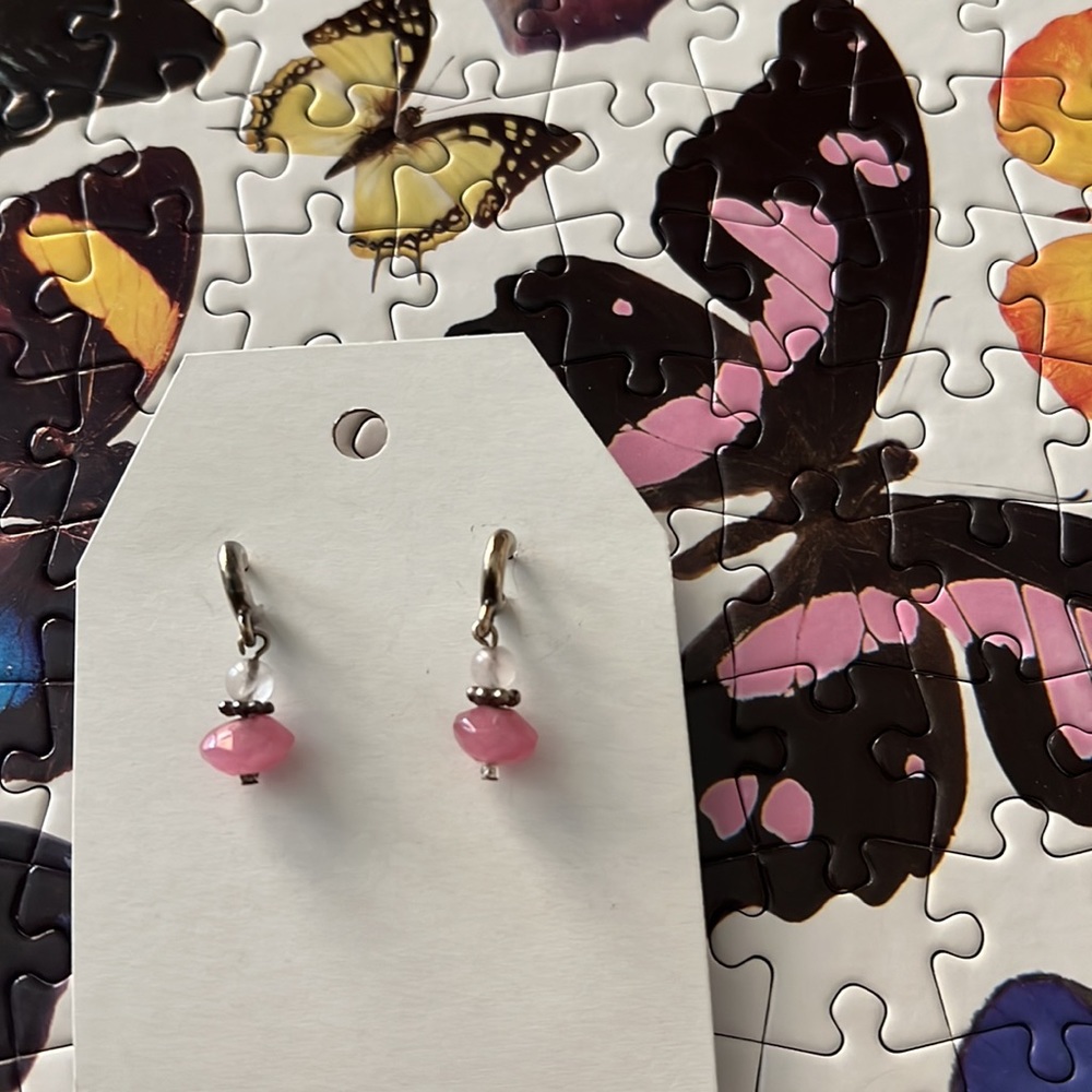 Vintage Pink Beaded Sterling Silver Mini Hoop Earrings